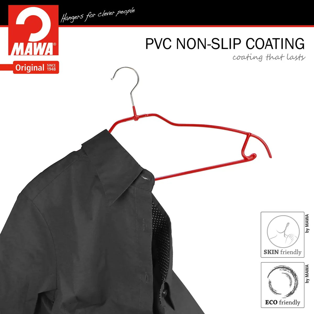 MAWA Silhouette Ultra-Thin Series Non-Slip Space Saving Shirt Hanger with Pant Bar & Skirt Hooks, Pack of 2, Red | Germany Quality - view 2
