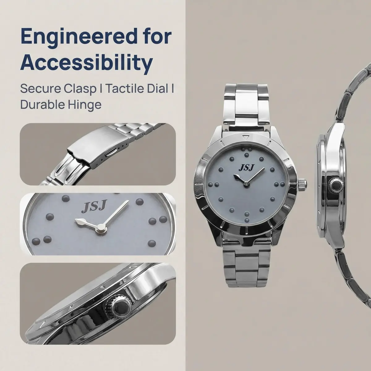 VISIONU Tactile Braille Watch for Men, 38mm Case with Silver Metal Band | Analog Display - view 5