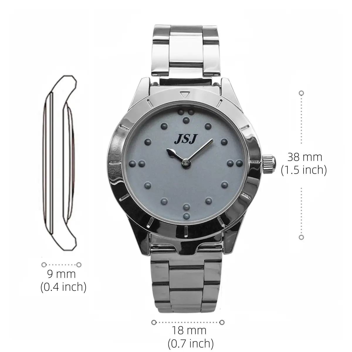 VISIONU Tactile Braille Watch for Men, 38mm Case with Silver Metal Band | Analog Display - view 2