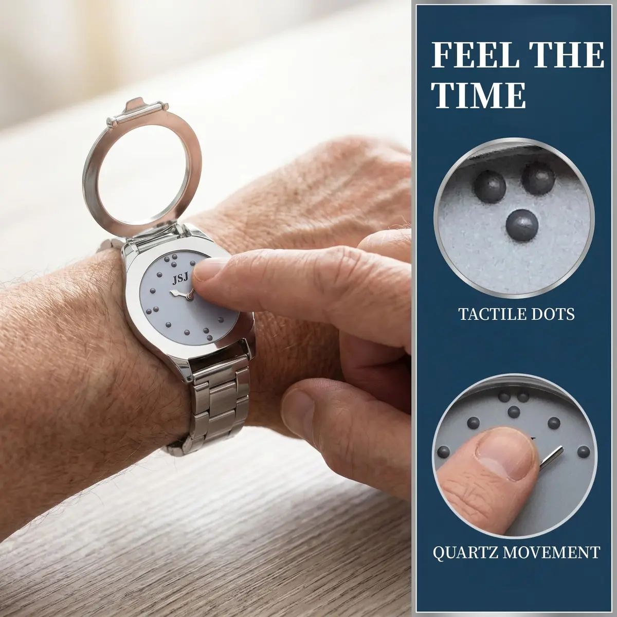 VISIONU Tactile Braille Watch for Men, 38mm Case with Silver Metal Band | Analog Display - view 3