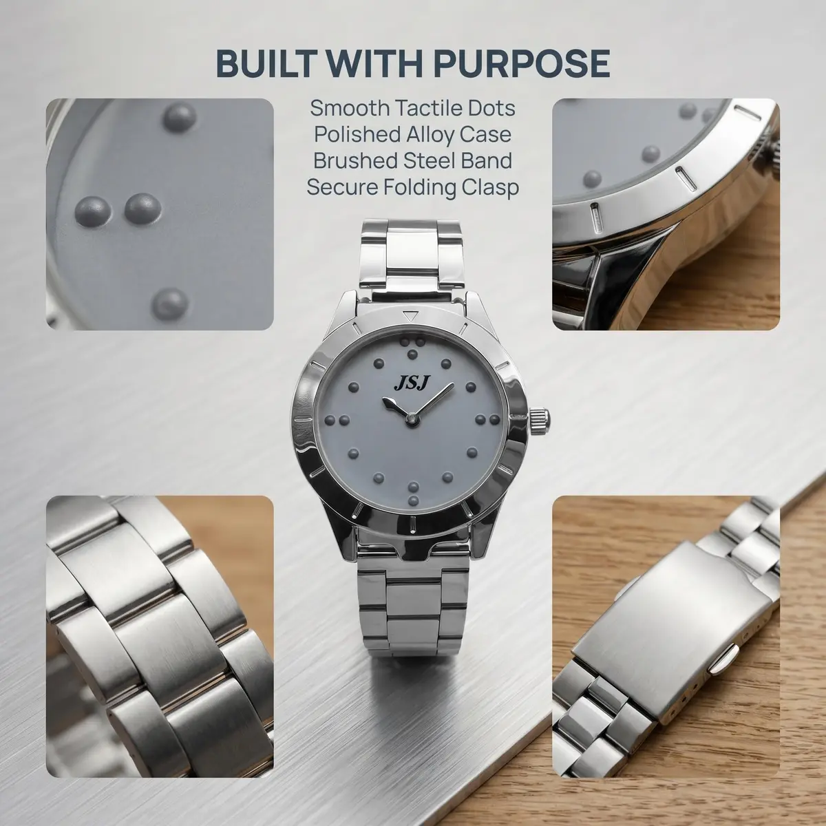 VISIONU Tactile Braille Watch for Men, 38mm Case with Silver Metal Band | Analog Display - view 4