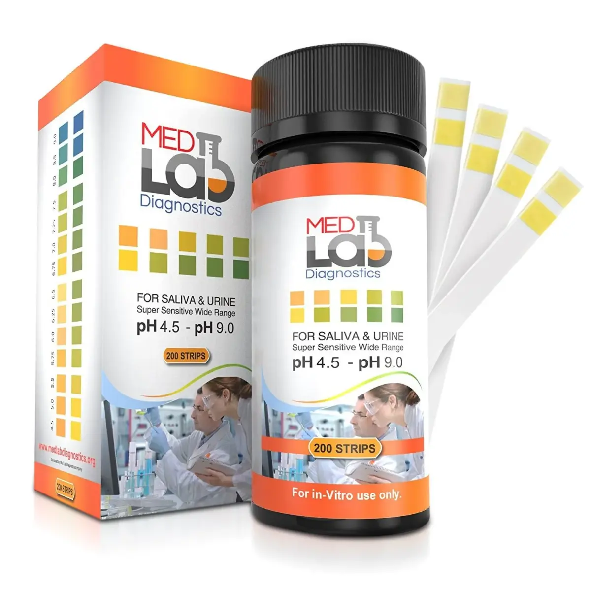 Med Lab Diagnostics 200 pH Test Strips 4.5–9.0 for Urine and Saliva Body pH Testing | Accurate Home Health Monitoring - main product image