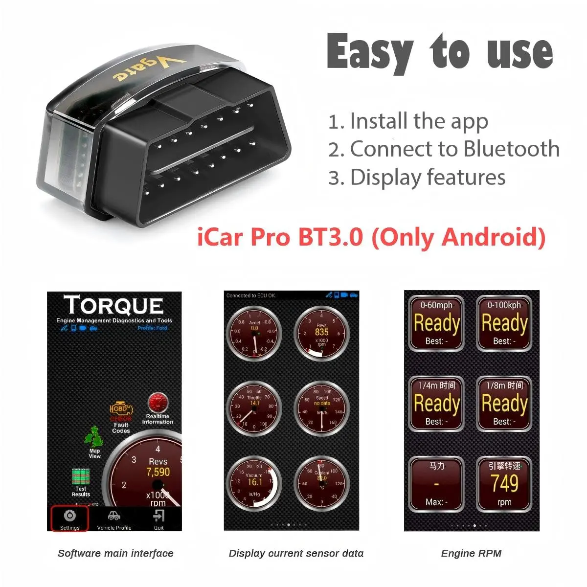 Vgate iCar Pro Bluetooth 3.0 OBD2 Scanner | Android & Windows | 4.6cm (1.85in) Length | Check Engine Light Diagnosis - view 4