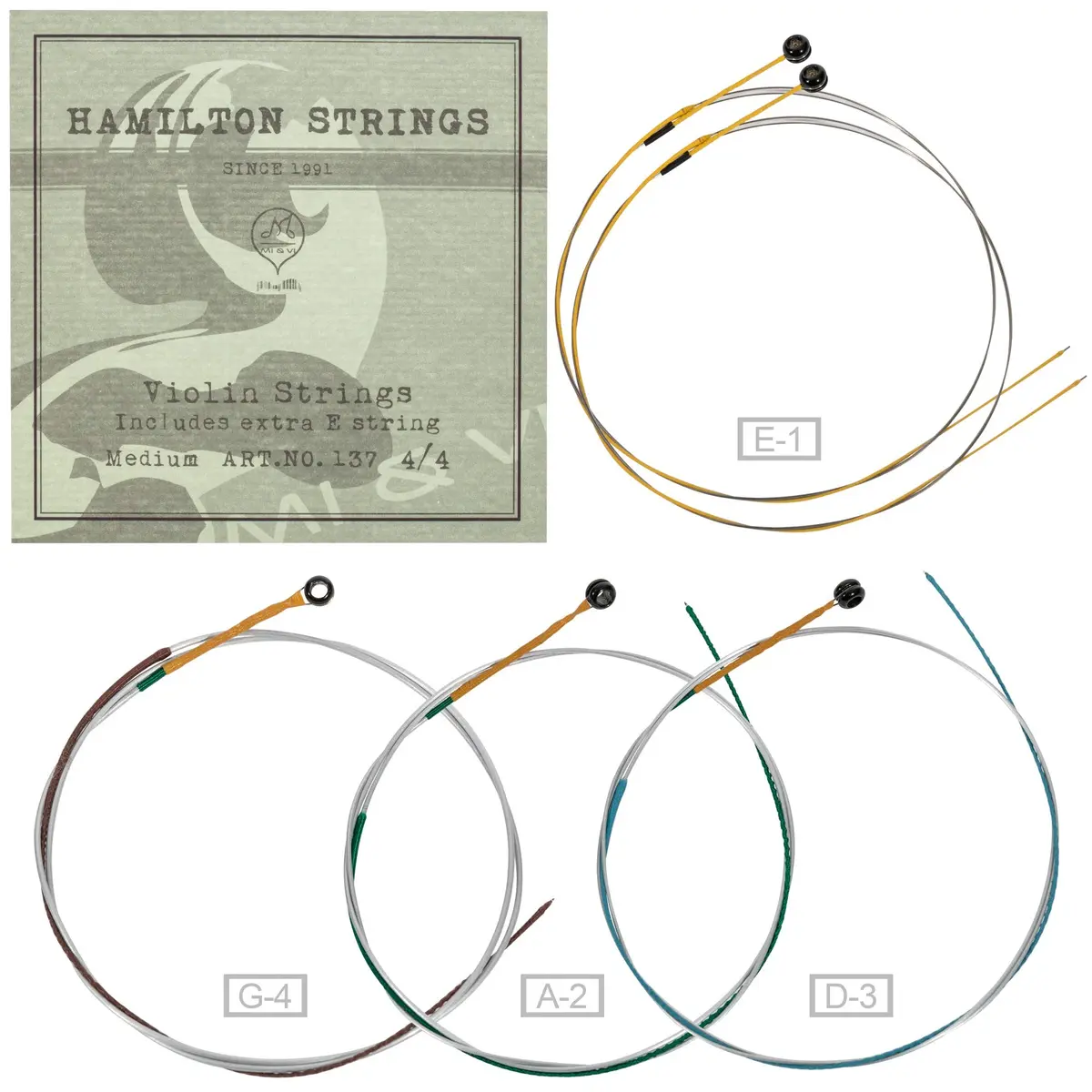 MI&VI Hamilton Violin Strings Universal Full Set 4/4 Scale (G-D-A-E) with Extra E-String | Germany Steel | Ball-End | Medium Tension - view 3