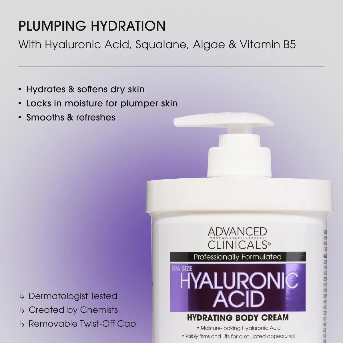 Advanced Clinicals Hyaluronic Acid Body Cream 473ml (16oz) | Hydrates & Plumps Dry Skin - view 2