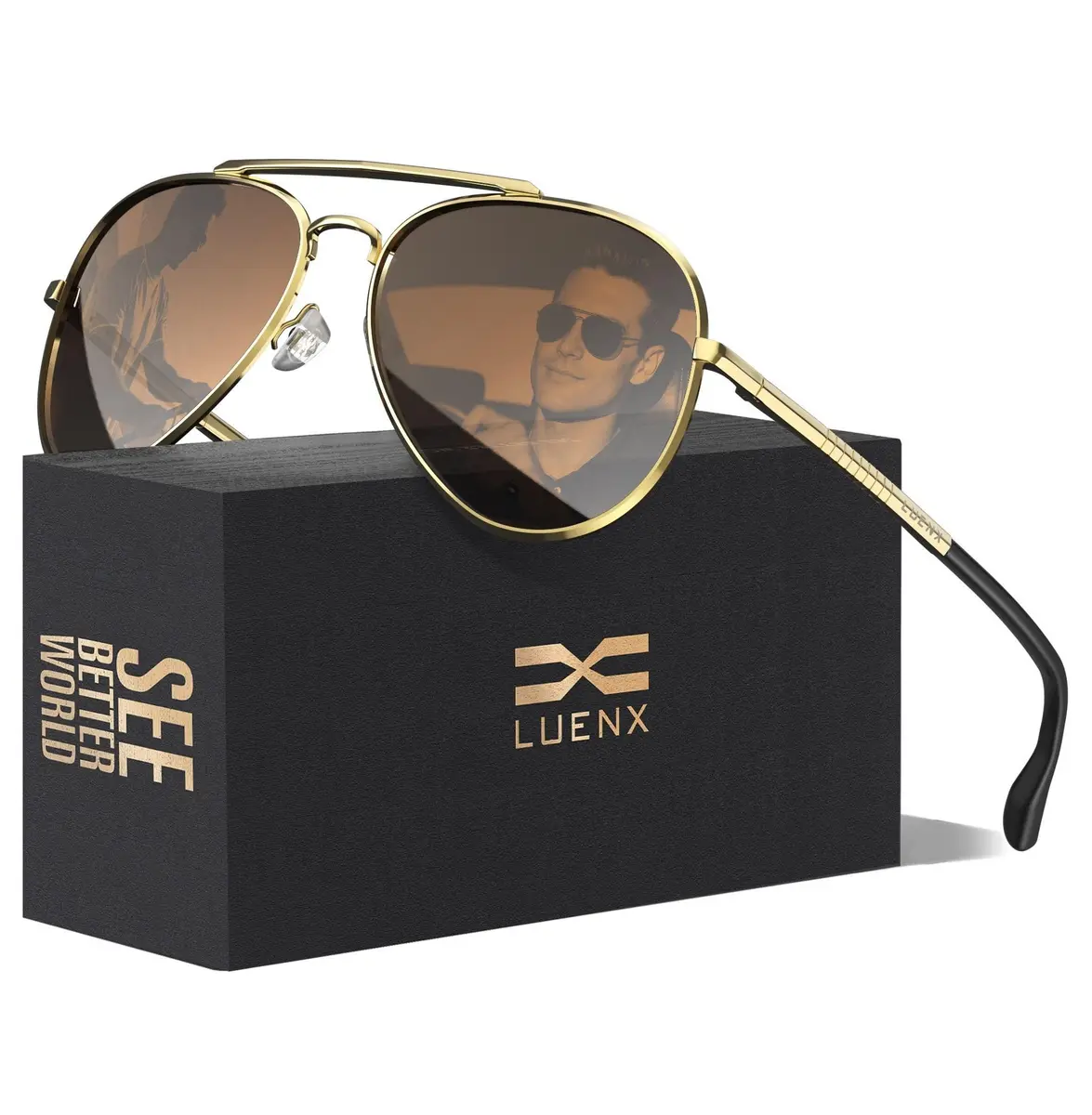 Luenx Aviator Polarized Sunglasses for Men & Women | 60mm (2.36 in) Lens Width, Brown/Gold Frame - main product image