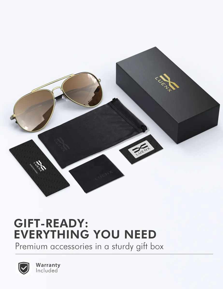 Luenx Aviator Polarized Sunglasses for Men & Women | 60mm (2.36 in) Lens Width, Brown/Gold Frame - view 7