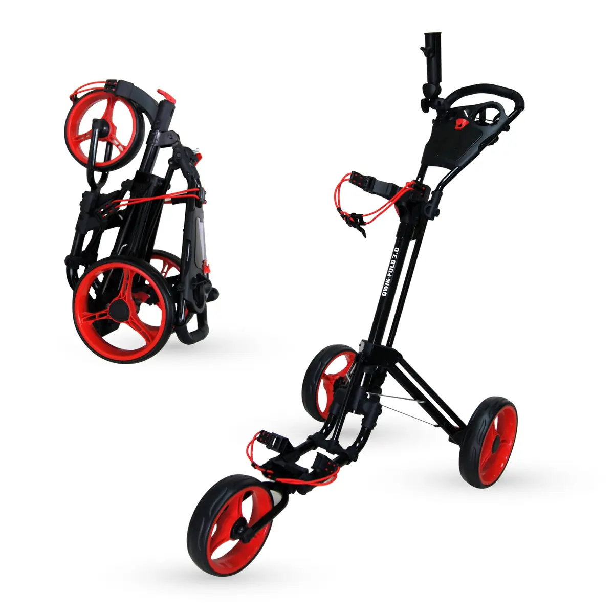 Qwik-Fold 3-Wheel Golf Push Cart with Foot Brake | 1-Second Fold Aluminum Frame, Adjustable Handle, Umbrella Holder, Lightweight (Black/Red) - main product image