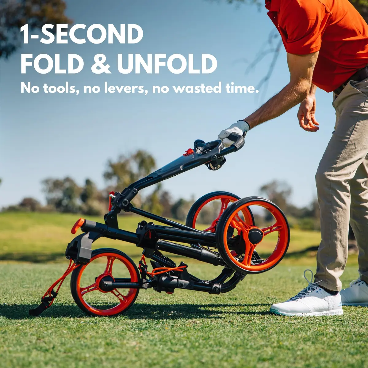 Qwik-Fold 3-Wheel Golf Push Cart with Foot Brake | 1-Second Fold Aluminum Frame, Adjustable Handle, Umbrella Holder, Lightweight (Black/Red) - view 2