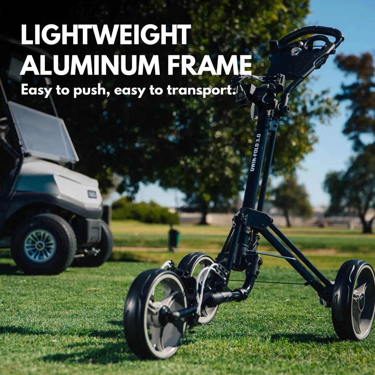 Qwik-Fold 3-Wheel Golf Push Cart with Foot Brake | 1-Second Fold Aluminum Frame, Adjustable Handle, Umbrella Holder, Lightweight (Black/Red) - view 3