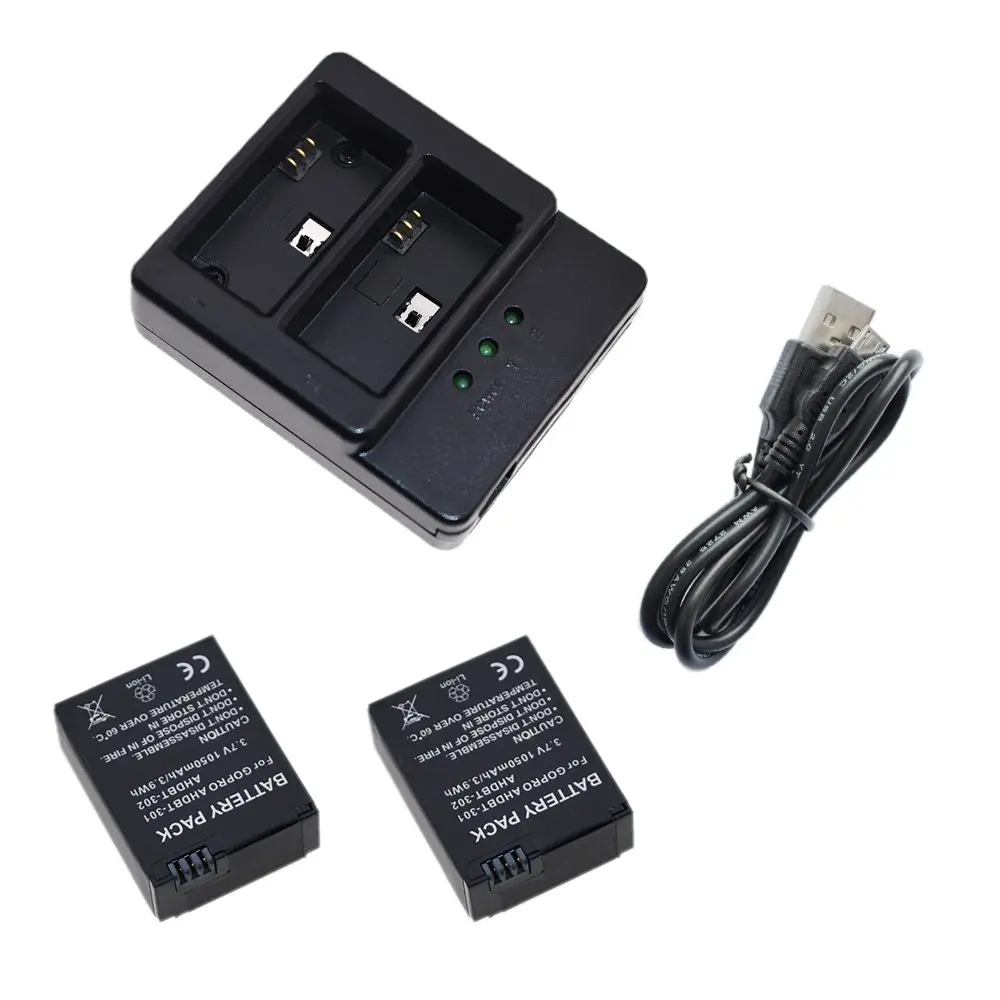 Suptig Dual Battery Charger and 2x 1050mAh Batteries for GoPro Hero 3 & 3+ | 3.7V Li-ion - main product image