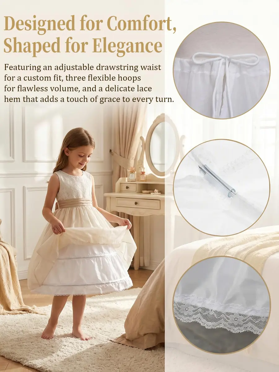 ABaoWedding Girls Petticoat 6-7y White | Adjustable Hoop Skirt for Formal & Party Wear - view 4