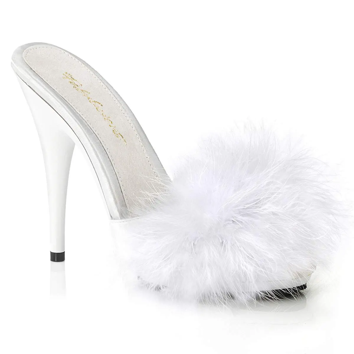 Fabulicious Poise-501F Marabou Slipper | High Heel Platform Sandal in White Satin (12.7cm heel, 1cm platform) | Adult Women - main product image