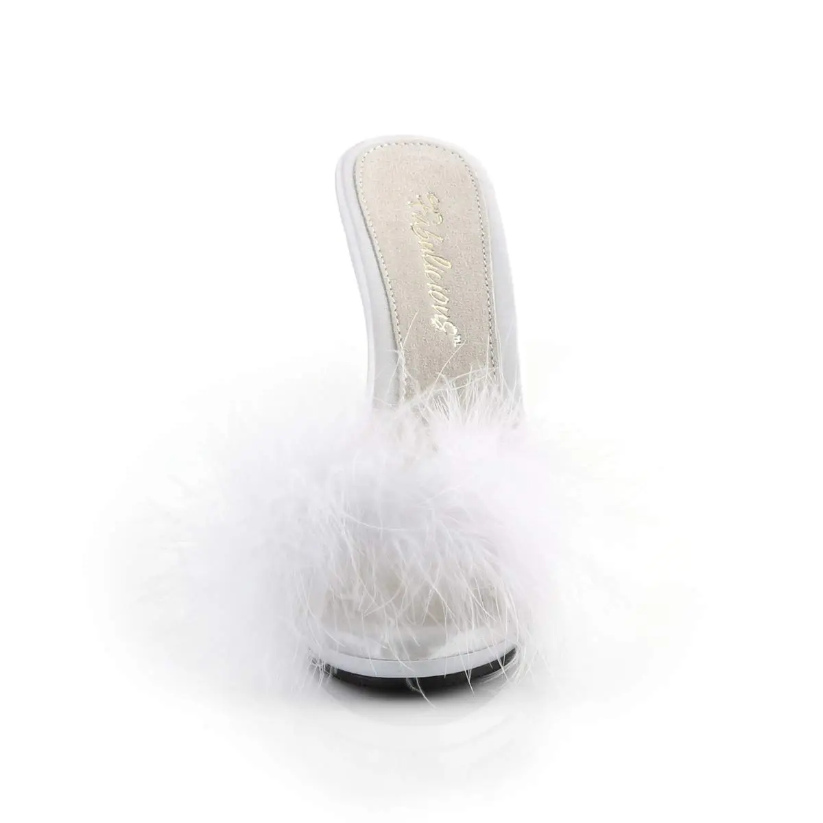 Fabulicious Poise-501F Marabou Slipper | High Heel Platform Sandal in White Satin (12.7cm heel, 1cm platform) | Adult Women - view 2
