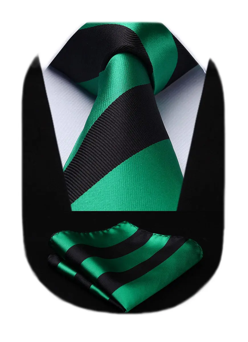 HISDERN Plaid Necktie & Pocket Square Set | Classic Stripe Design, Green & Black, One Size - main product image