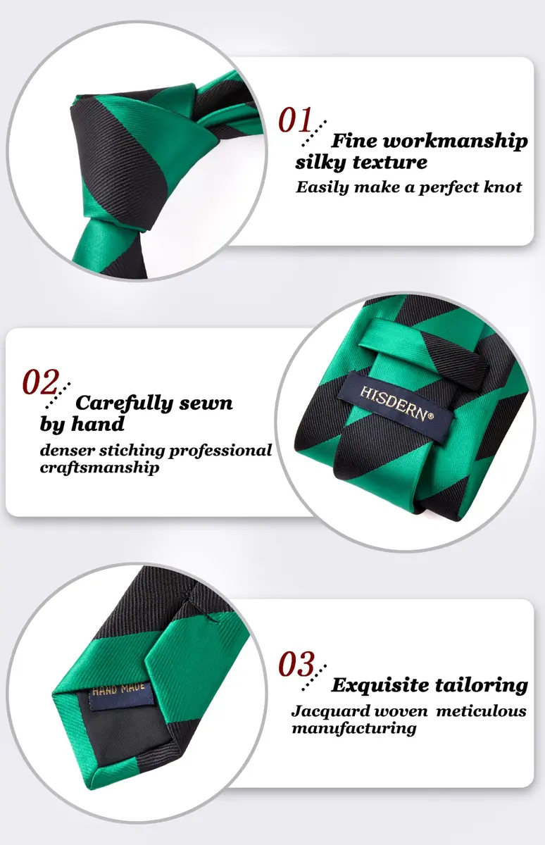 HISDERN Plaid Necktie & Pocket Square Set | Classic Stripe Design, Green & Black, One Size - view 4