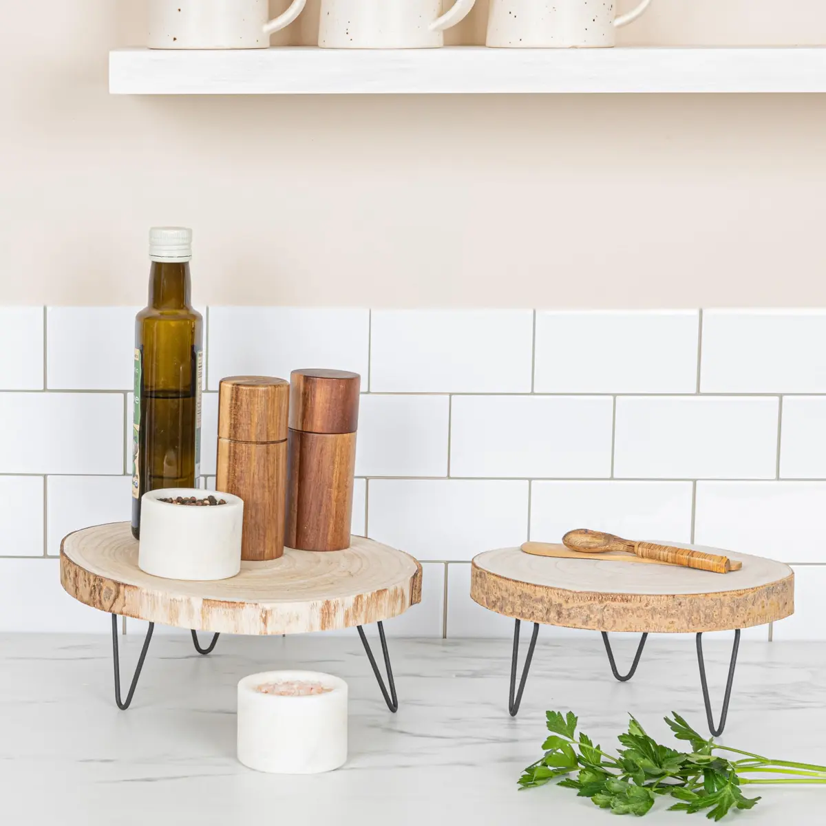Creative Co-Op Decorative Paulownia Wood Pedestal with Metal Hairpin Legs Round Accent Stand, Natural Finish | Rustic Home Decor - view 9