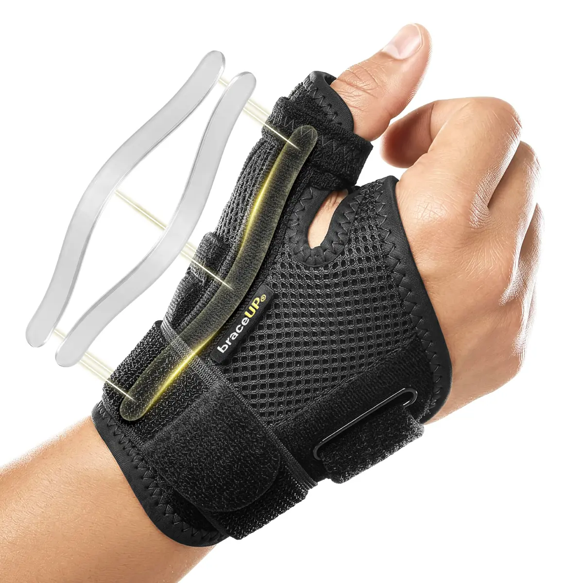 BraceUP Thumb Spica Splint Brace Black | Right/Left Hand, Adjustable Compression for Arthritis, Tendonitis, Carpal Tunnel Pain Relief (1 Count) - main product image