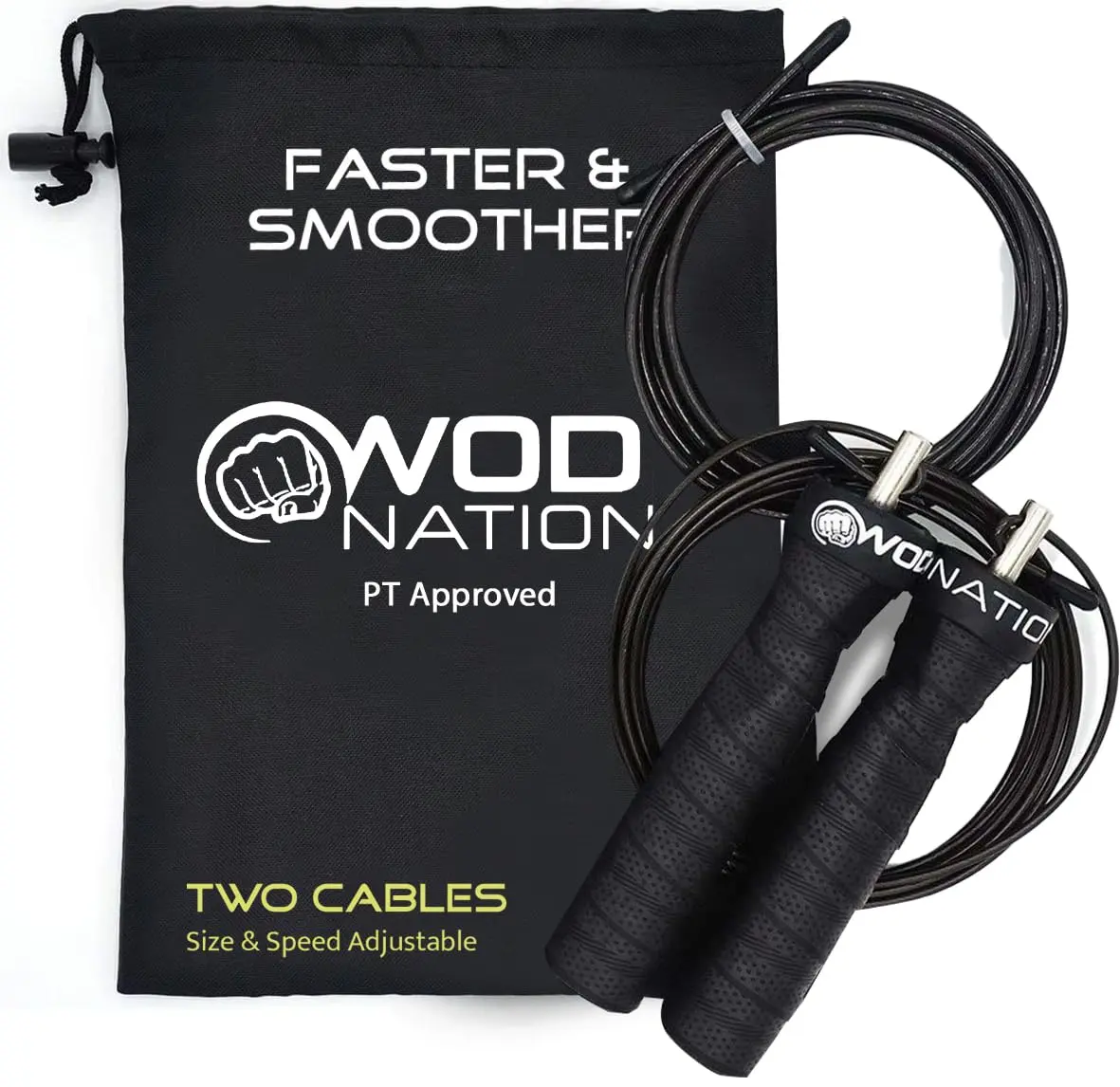 WOD Nation Attack Speed Jump Rope - Black Alloy Steel Handles, 11 ft (3.35 m) with 2.2 mm & 3.3 mm Cables | Dual-Cable System for Fitness & Double Unders - main product image