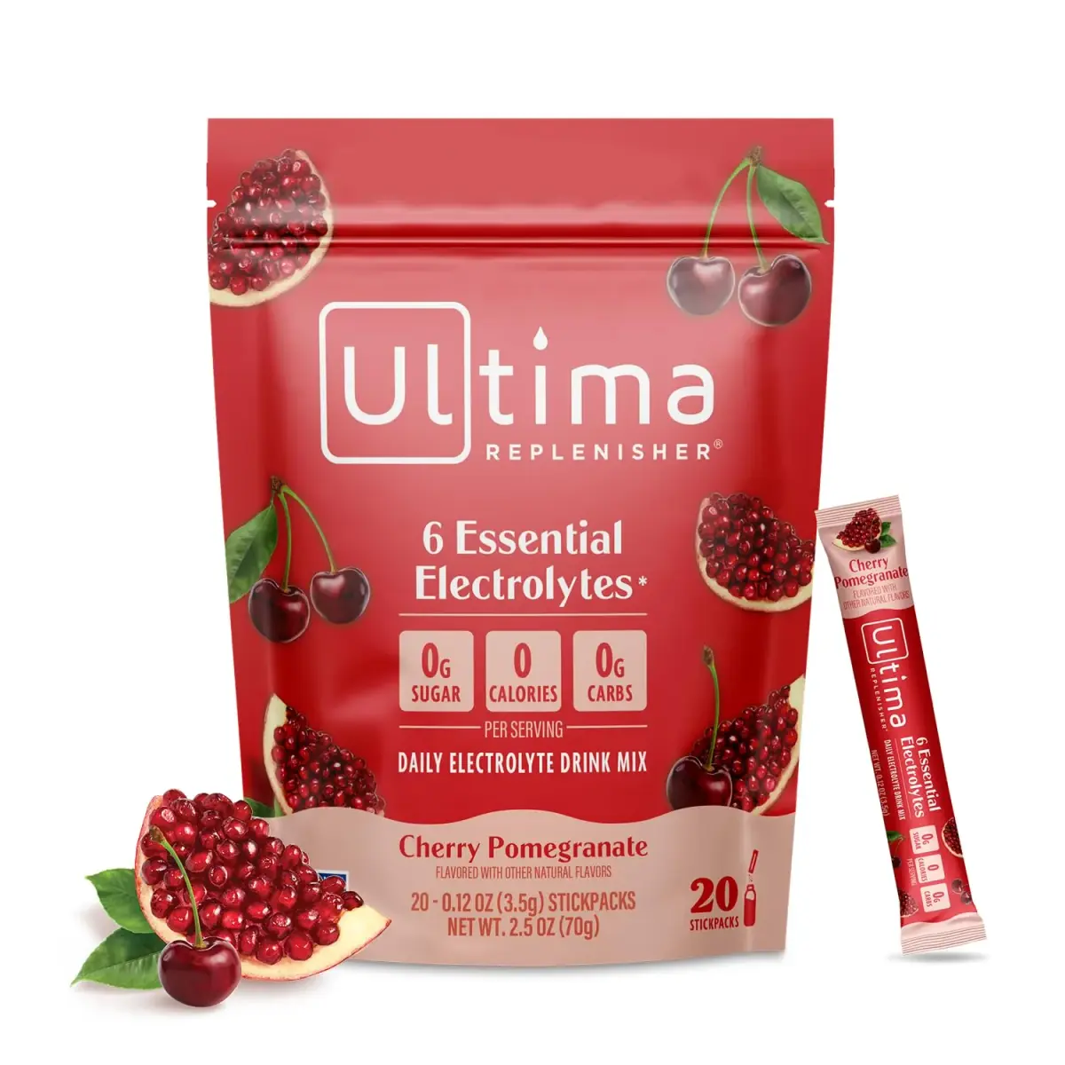 Ultima Replenisher Cherry Pomegranate Electrolyte Powder Stickpacks 20 Count (2.4 oz) | Sugar-Free Hydration with 6 Key Electrolytes - main product image