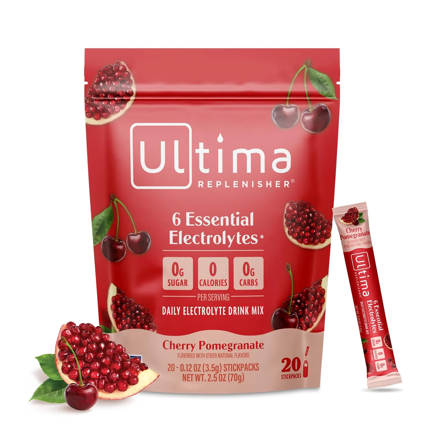 Ultima Replenisher Daily Electrolyte Powder Stick Cherry Pomegranate, 20 Stickpacks (3.7g (0.13 oz) each) | Zero Sugar Hydration Packets with 6 Electrolytes & Minerals - main product image