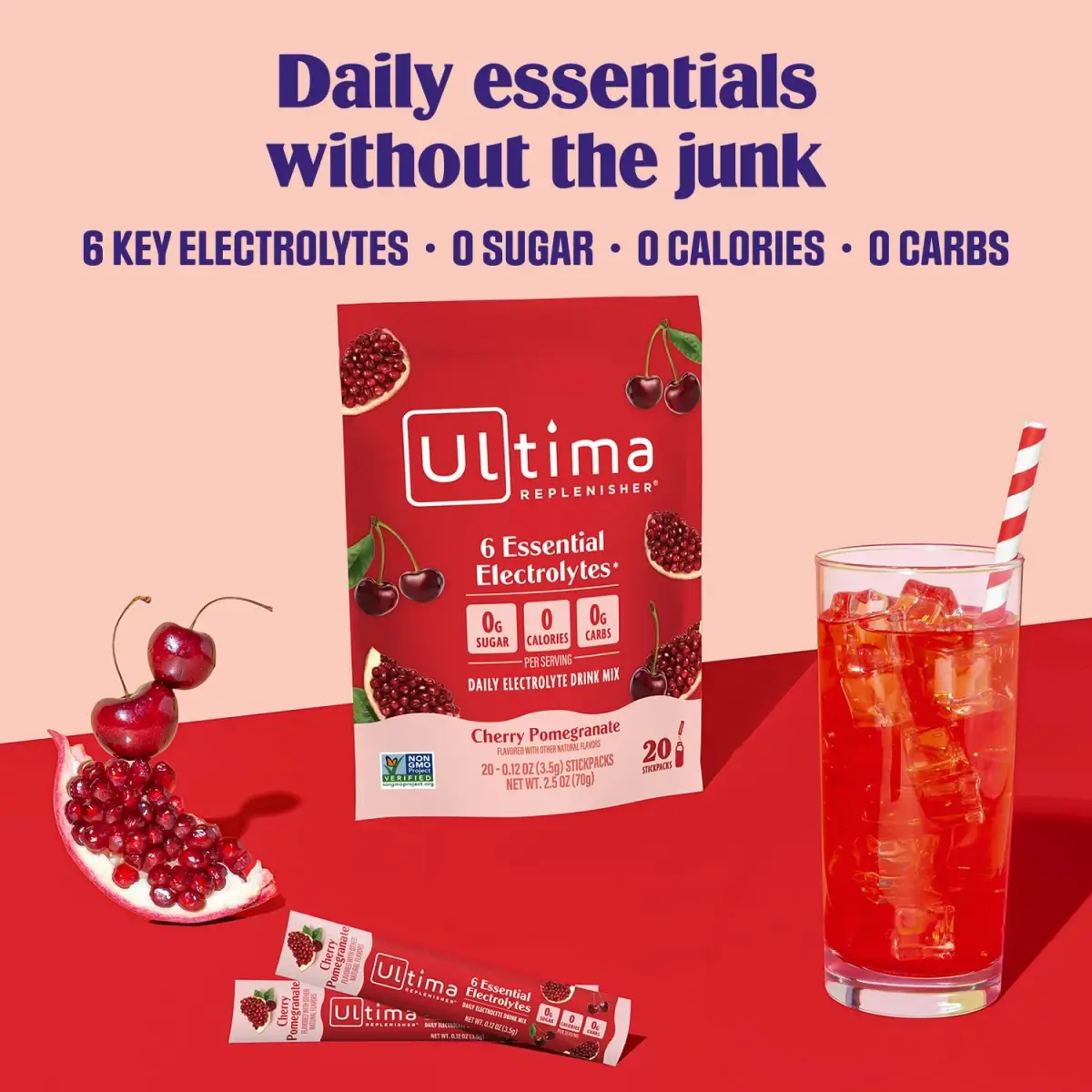 Ultima Replenisher Cherry Pomegranate Electrolyte Powder Stickpacks 20 Count (2.4 oz) | Sugar-Free Hydration with 6 Key Electrolytes - view 2