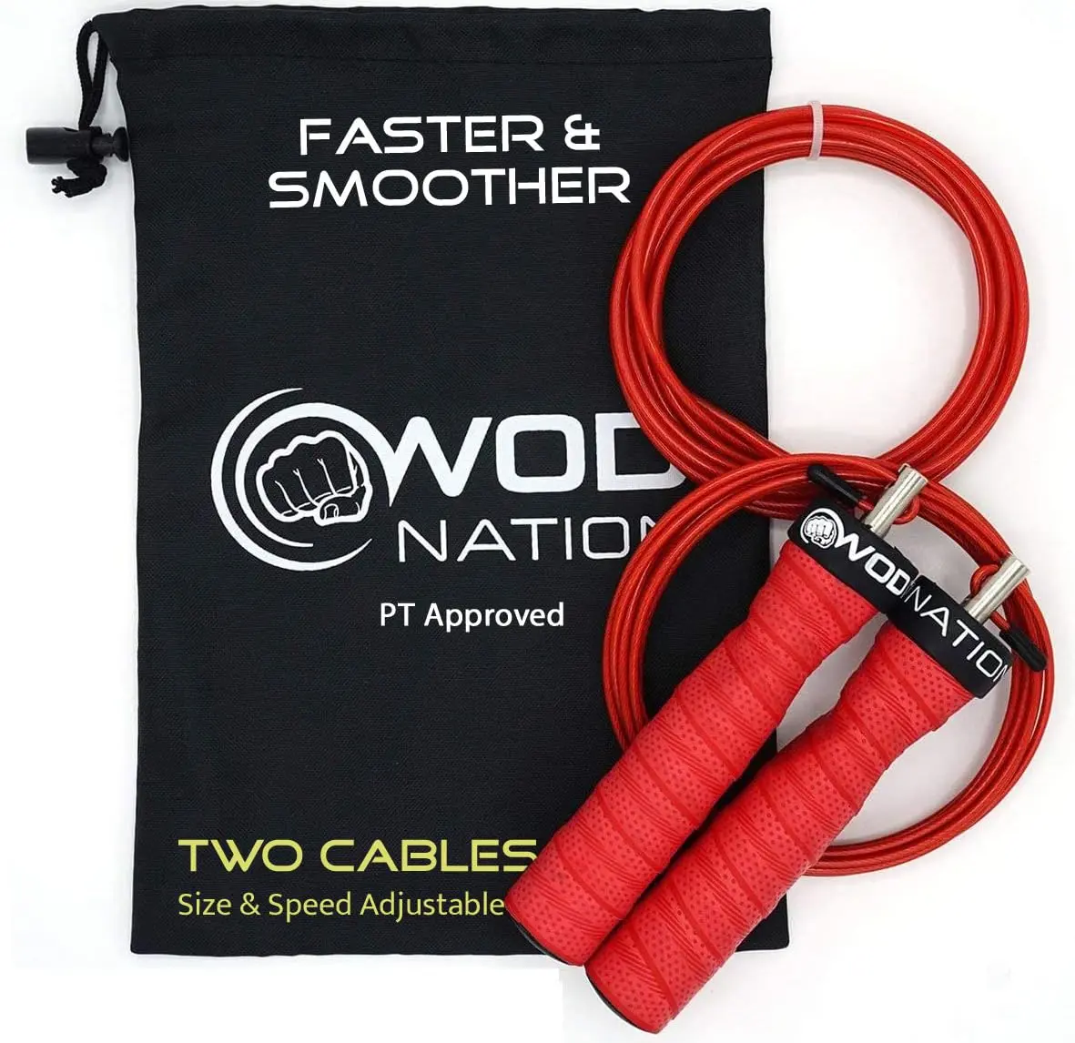 WOD Nation Alloy Steel Jump Rope with Two-Cable Design & Travel Bag, 11 ft (3.35 m) | Adjustable Speed Rope for Fitness — Red - main product image