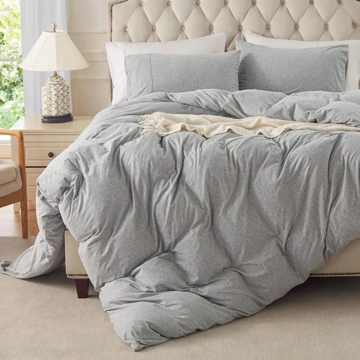 PURE ERA Jersey Knit Duvet Cover Set Heather Grey Queen | Ultra Soft, Breathable Cotton, Zipper & Corner Ties - main product image