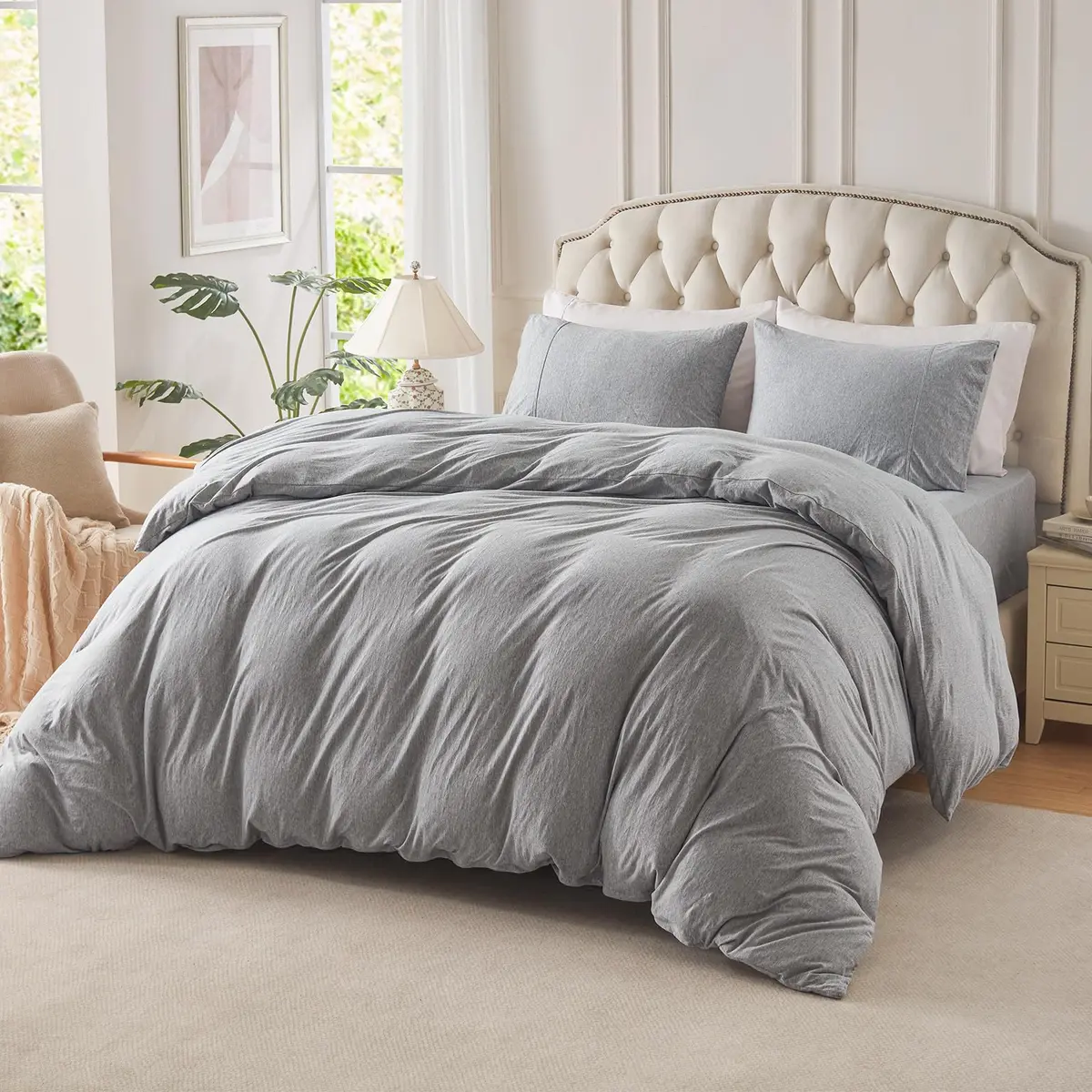 PURE ERA Jersey Knit Duvet Cover Set Heather Grey Queen | Ultra Soft, Breathable Cotton, Zipper & Corner Ties - view 2