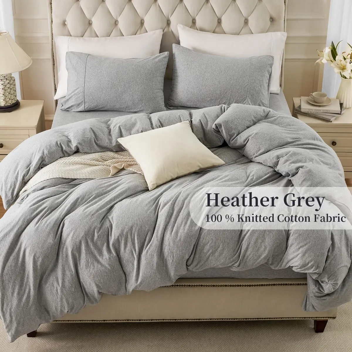 PURE ERA Jersey Knit Duvet Cover Set Heather Grey Queen | Ultra Soft, Breathable Cotton, Zipper & Corner Ties - view 3