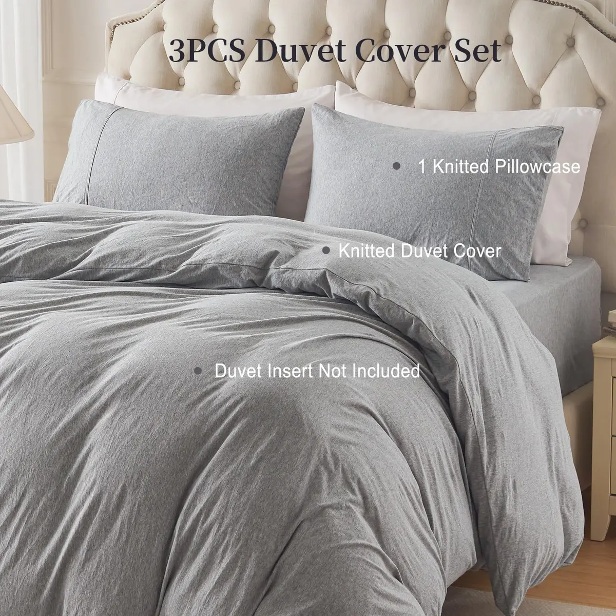 PURE ERA Jersey Knit Duvet Cover Set Heather Grey Queen | Ultra Soft, Breathable Cotton, Zipper & Corner Ties - view 4