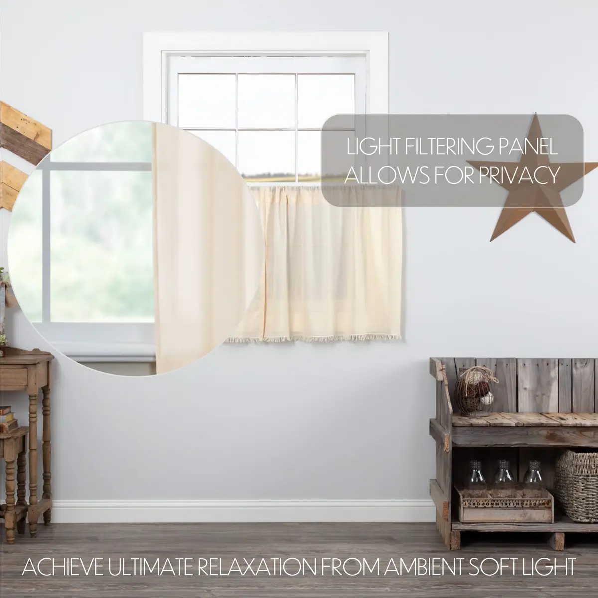 VHC Brands Tobacco Cloth Natural Curtain, Tier 24x36, 2 | Sheer, Rustic Farmhouse Style - view 3