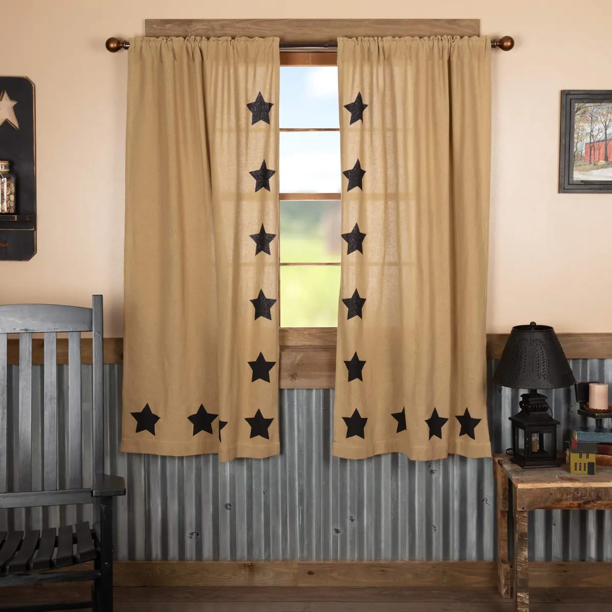 VHC Brands Burlap Natural with Black Stars Primitive 63"x36" Panel Pair Tan Rod Pocket Cotton Tie Back(s) Window Curtains - main product image