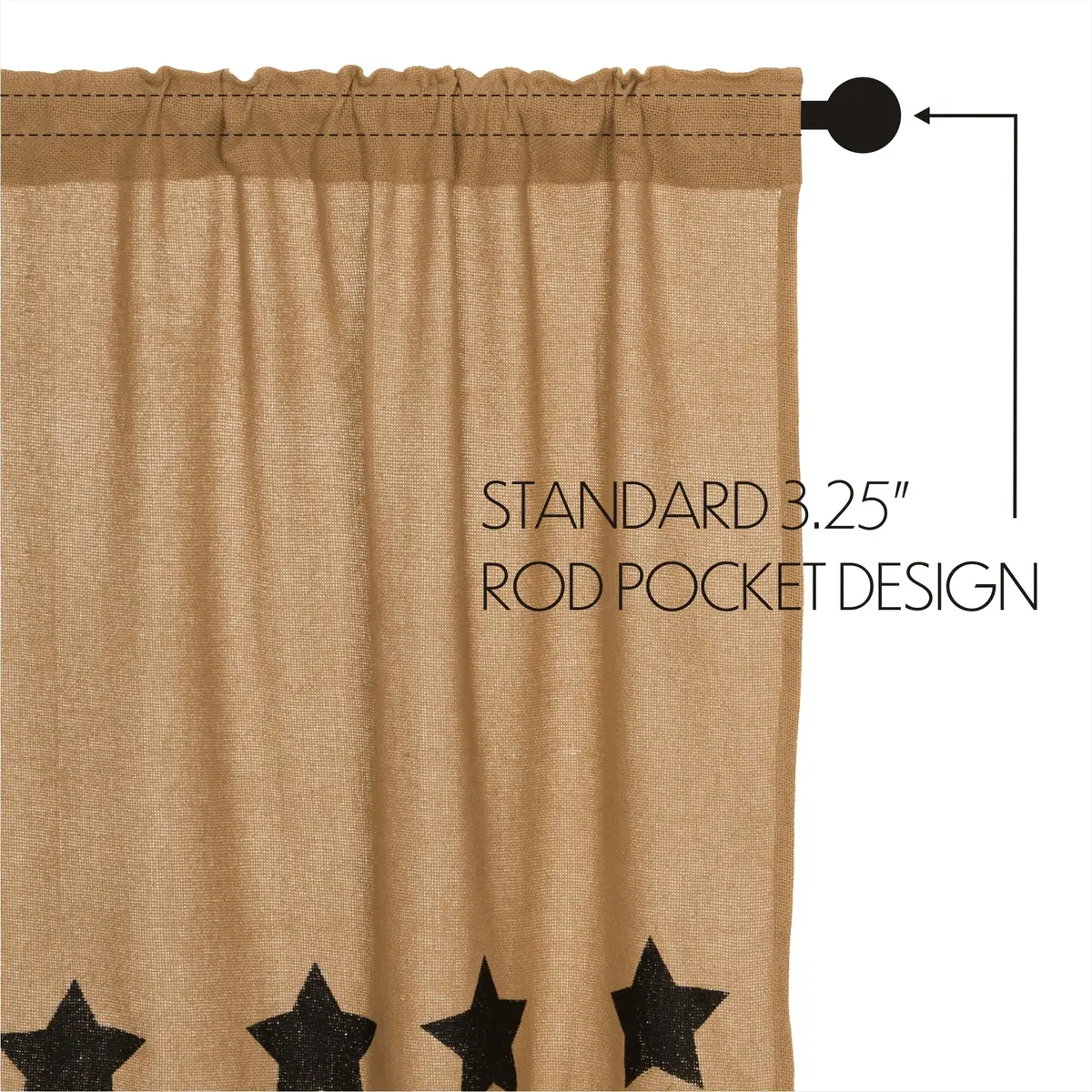 VHC Brands Burlap Natural with Black Stars Primitive 63"x36" Panel Pair Tan Rod Pocket Cotton Tie Back(s) Window Curtains - view 5