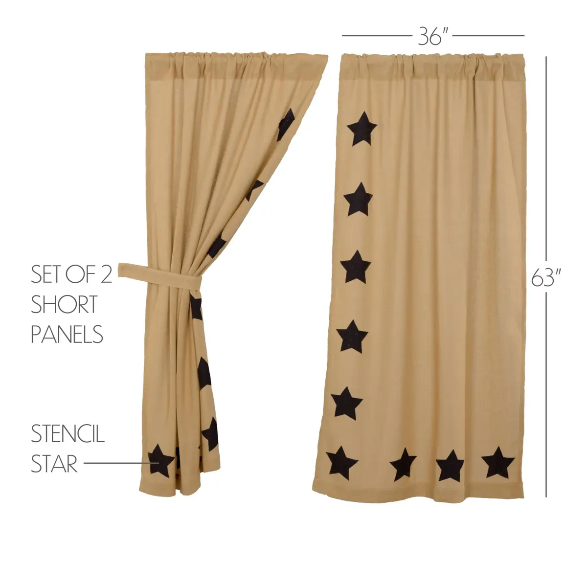 VHC Brands Burlap Natural with Black Stars Primitive 63"x36" Panel Pair Tan Rod Pocket Cotton Tie Back(s) Window Curtains - view 2
