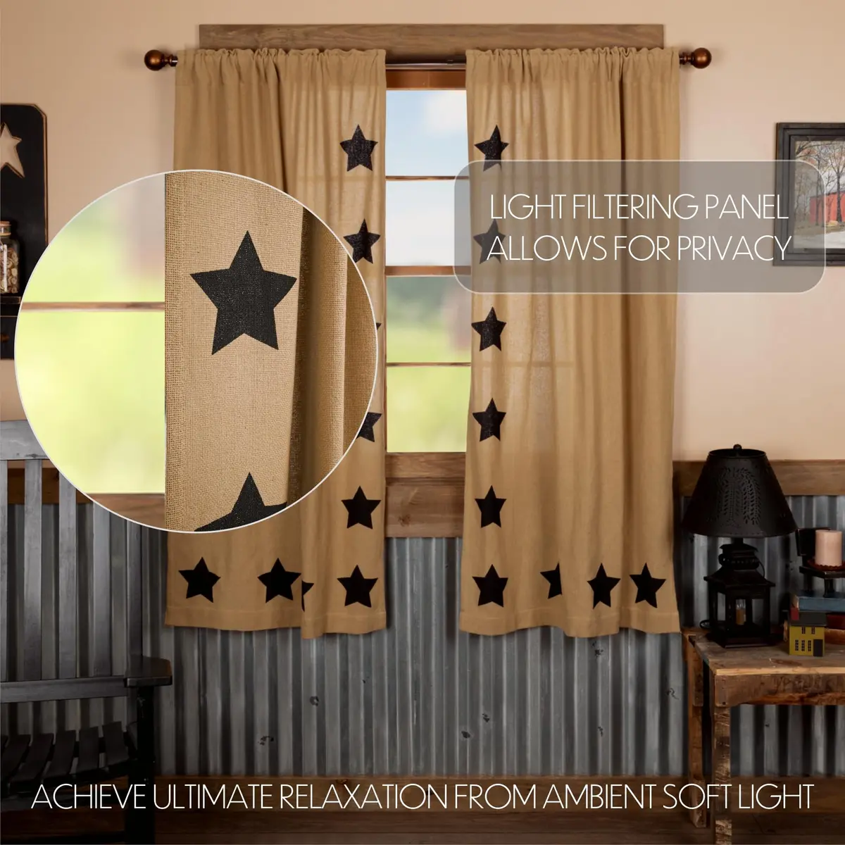 VHC Brands Burlap Natural with Black Stars Primitive 63"x36" Panel Pair Tan Rod Pocket Cotton Tie Back(s) Window Curtains - view 3