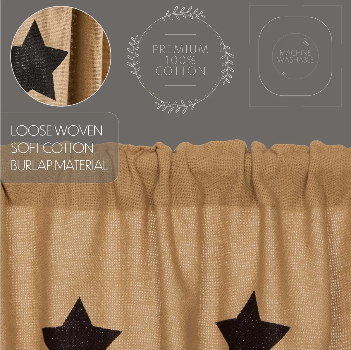 VHC Brands Burlap Natural with Black Stars Primitive 63"x36" Panel Pair Tan Rod Pocket Cotton Tie Back(s) Window Curtains - view 4