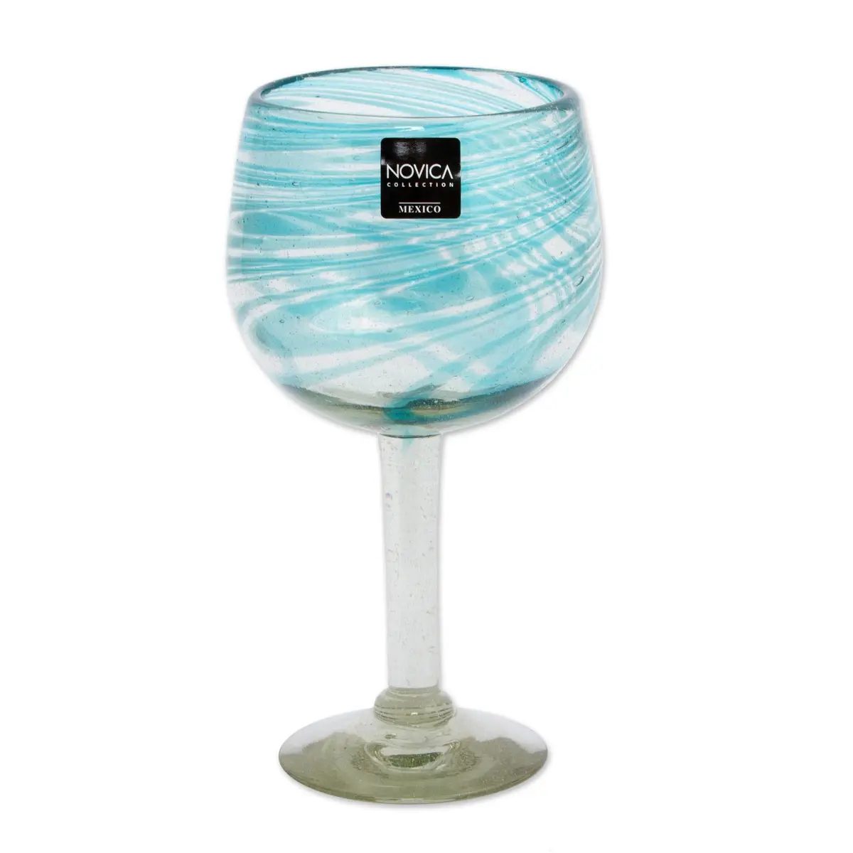 NOVICA Clear Blue Glass Hand Blown Wine Glasses, 13 Oz., 'Elegant Aqua Swirl' (Set Of 6) | Handcrafted Recycled Glass - main product image