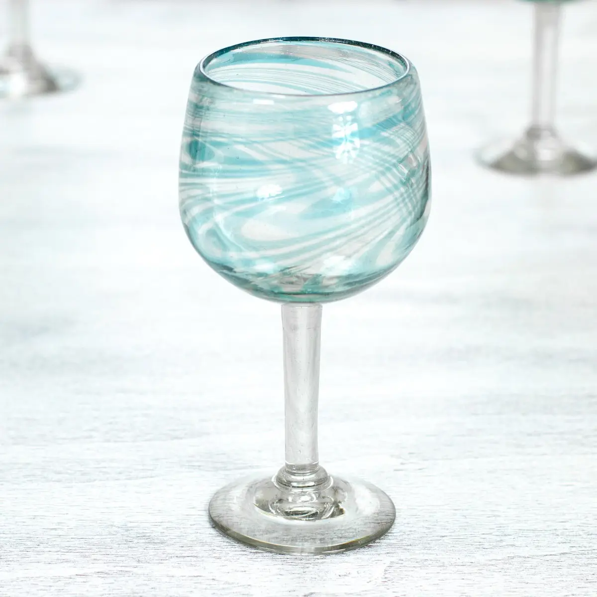 NOVICA Clear Blue Glass Hand Blown Wine Glasses, 13 Oz., 'Elegant Aqua Swirl' (Set Of 6) | Handcrafted Recycled Glass - view 5