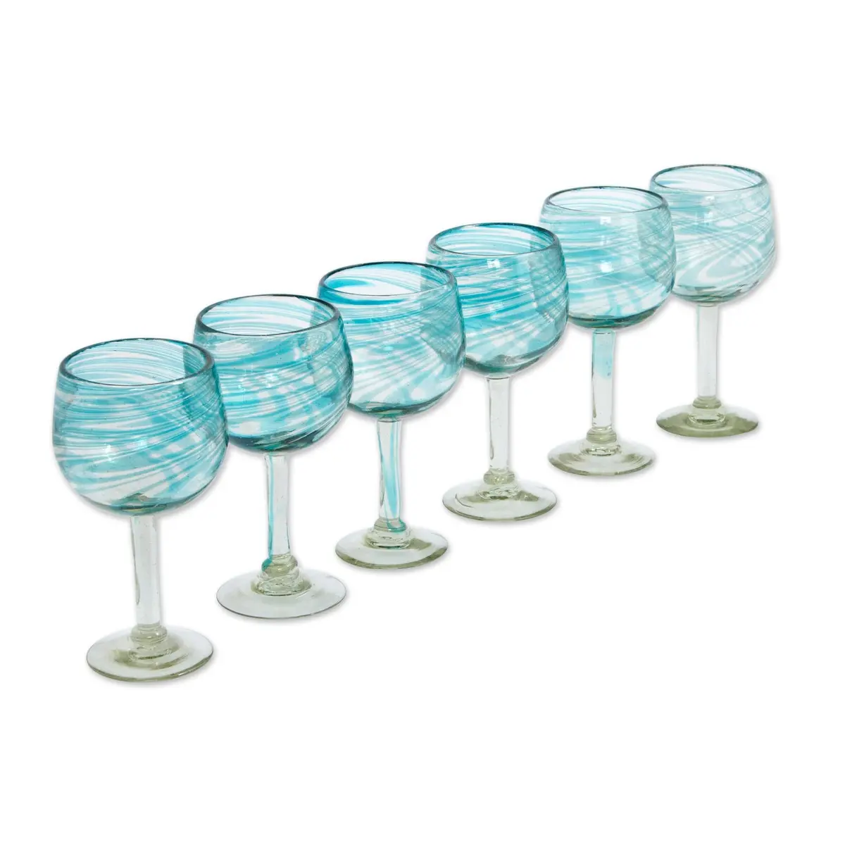 NOVICA Clear Blue Glass Hand Blown Wine Glasses, 13 Oz., 'Elegant Aqua Swirl' (Set Of 6) | Handcrafted Recycled Glass - view 6