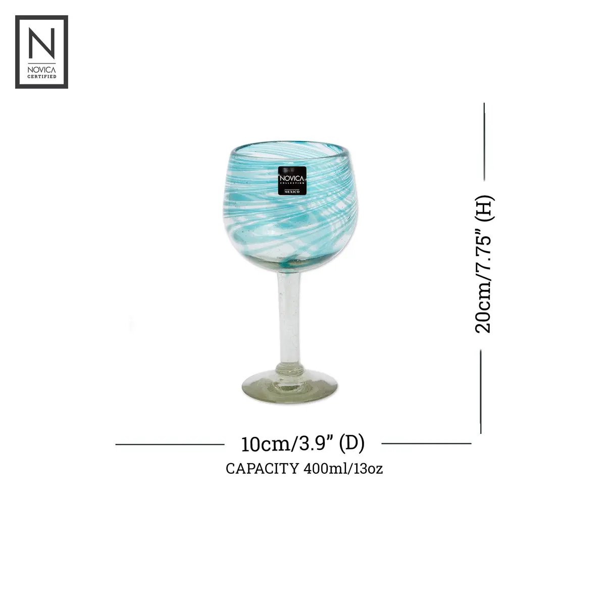 NOVICA Clear Blue Glass Hand Blown Wine Glasses, 13 Oz., 'Elegant Aqua Swirl' (Set Of 6) | Handcrafted Recycled Glass - view 2