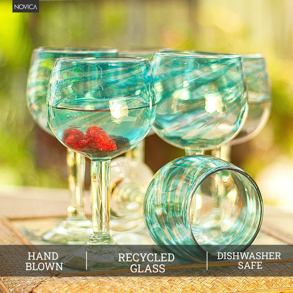 NOVICA Clear Blue Glass Hand Blown Wine Glasses, 13 Oz., 'Elegant Aqua Swirl' (Set Of 6) | Handcrafted Recycled Glass - view 3