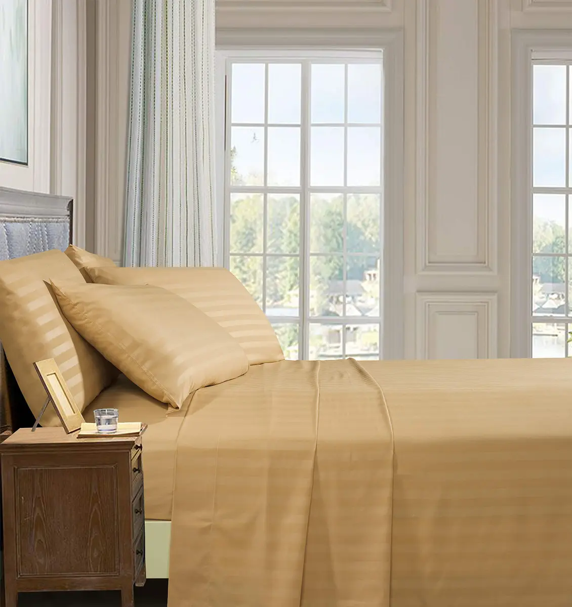 Elegant Comfort 1500 Thread Count Damask Stripe Full Bed Sheet Set | Wrinkle-Resistant Microfiber - view 2