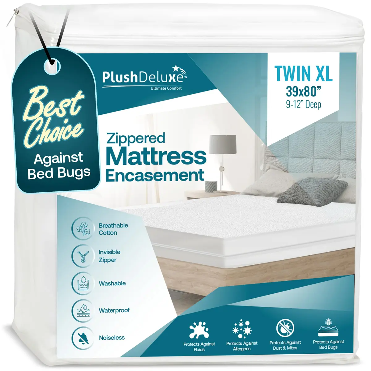 PlushDeluxe Twin-XL Mattress Encasement 39X80 Waterproof Bedbug Proof Hypoallergenic Cotton Terry - main product image