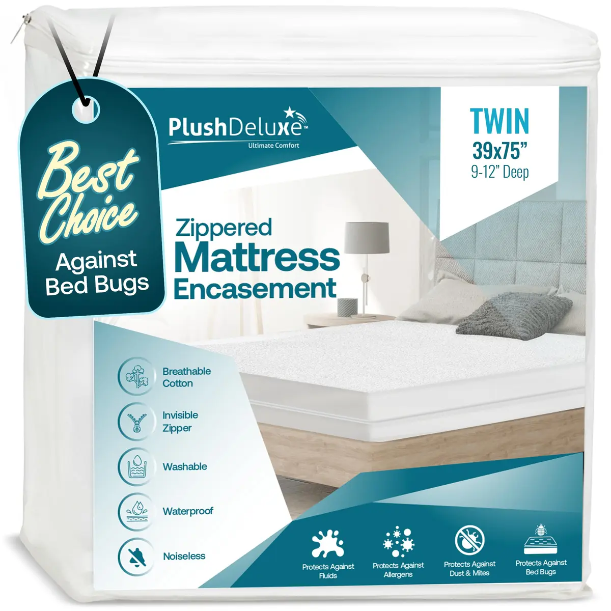 PlushDeluxe Mattress Encasement 100% Waterproof Twin | Soft Cotton Terry, Zippered, Hypoallergenic, 12-15" Deep - main product image