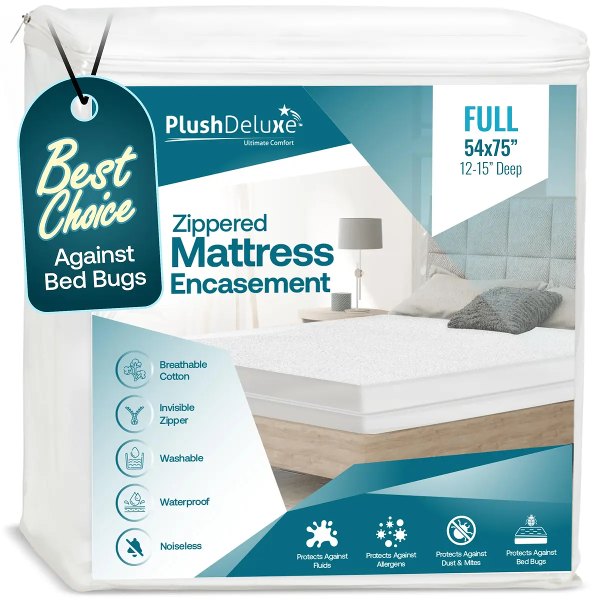 PlushDeluxe Full Size Mattress Encasement 12-15" Waterproof Bedbug Proof Hypoallergenic Cotton Terry - main product image