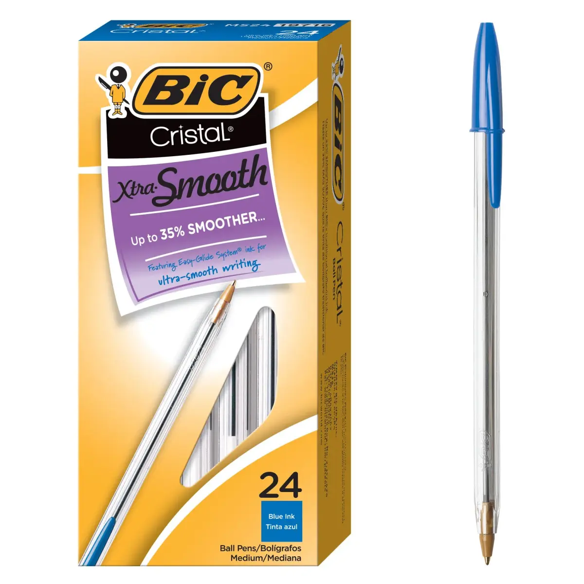 BIC Cristal Xtra Smooth Blue Ballpoint Pens, Medium Point, 24-Count | Smooth Ink Flow - main product image