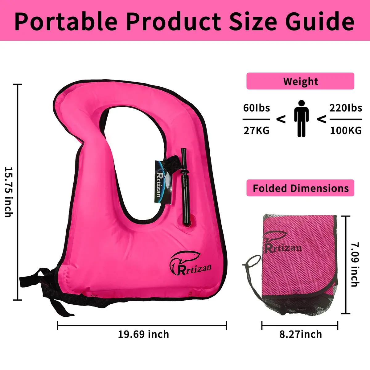 Rrtizan Snorkel Vest One Size Pink | Portable Inflatable Swim Jacket for Adults - view 5