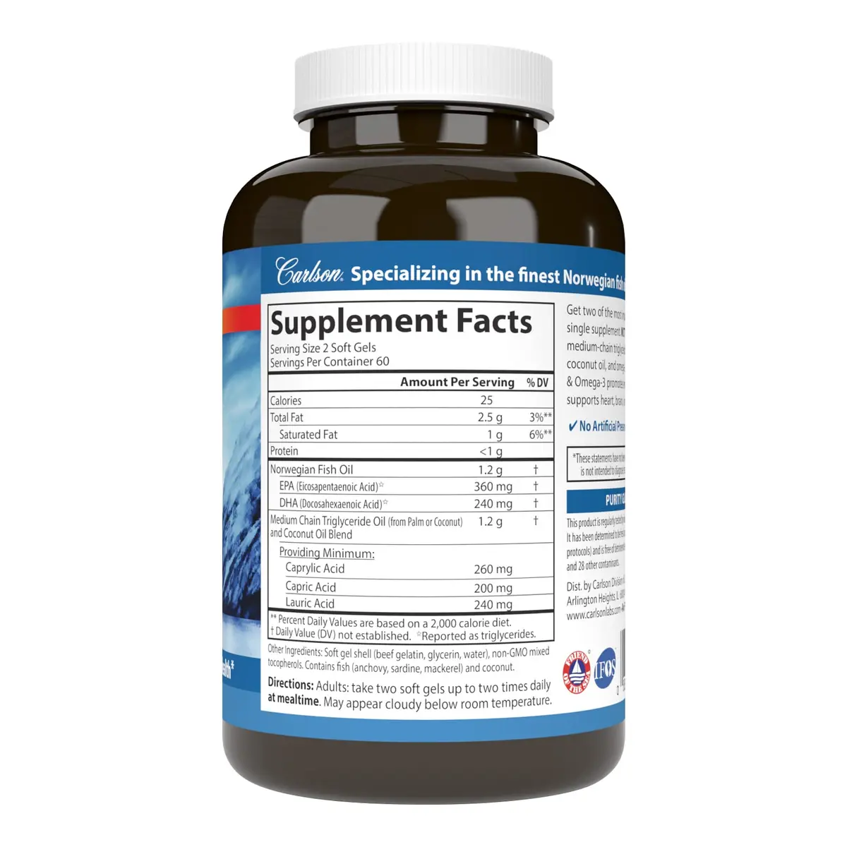 Carlson MCT & Omega-3 Coconut Oil 120 Softgels | Supports Heart & Brain Health - view 2