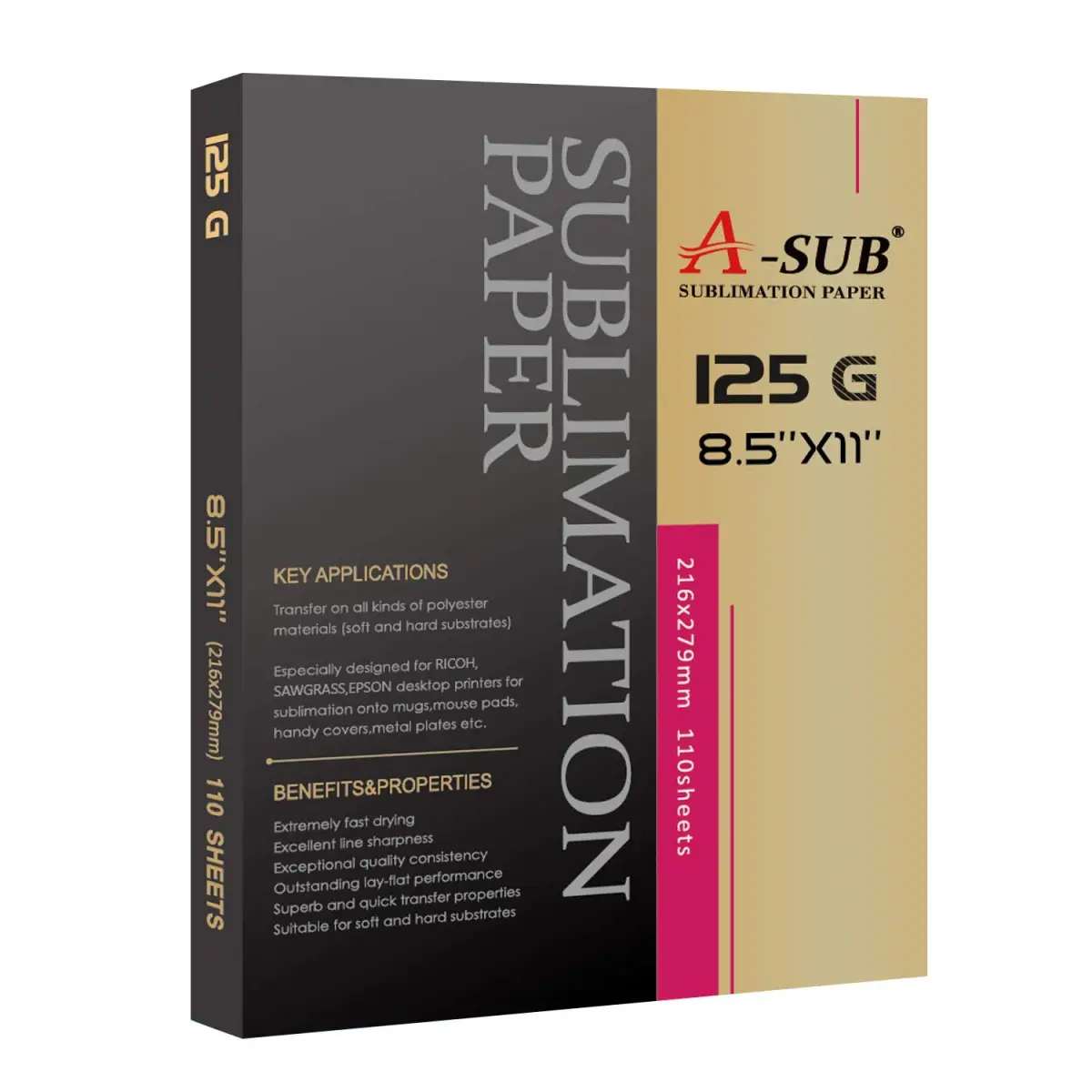 A-SUB Sublimation Paper 8.5x11 Inch 110 Sheets 125g | Fast Dry & High Transfer Rate - main product image
